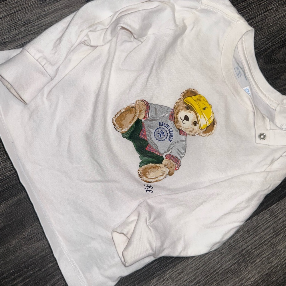Ralph Lauren White Long Sleeve Tee with Teddy Bear Graphic